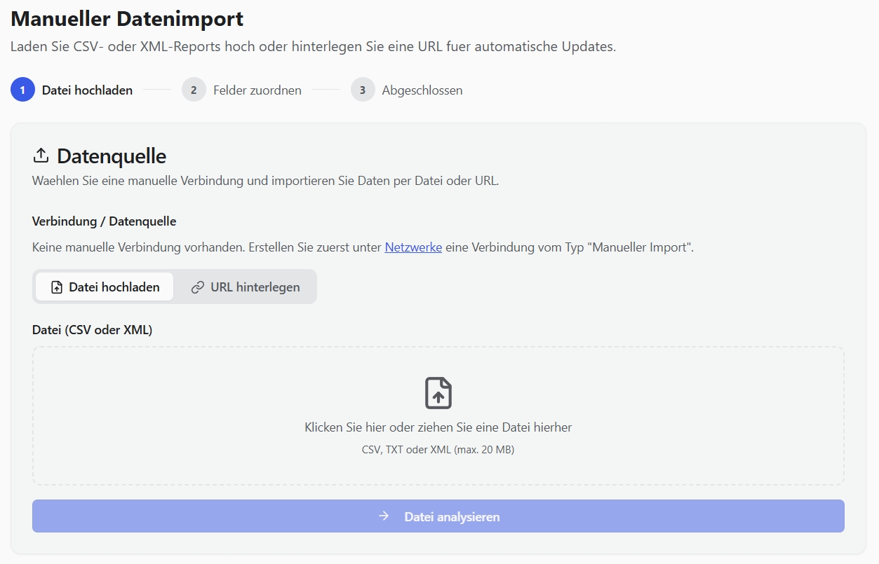 CSV-Import Wizard mit Datei-Upload, Feld-Zuordnung und Vorschau