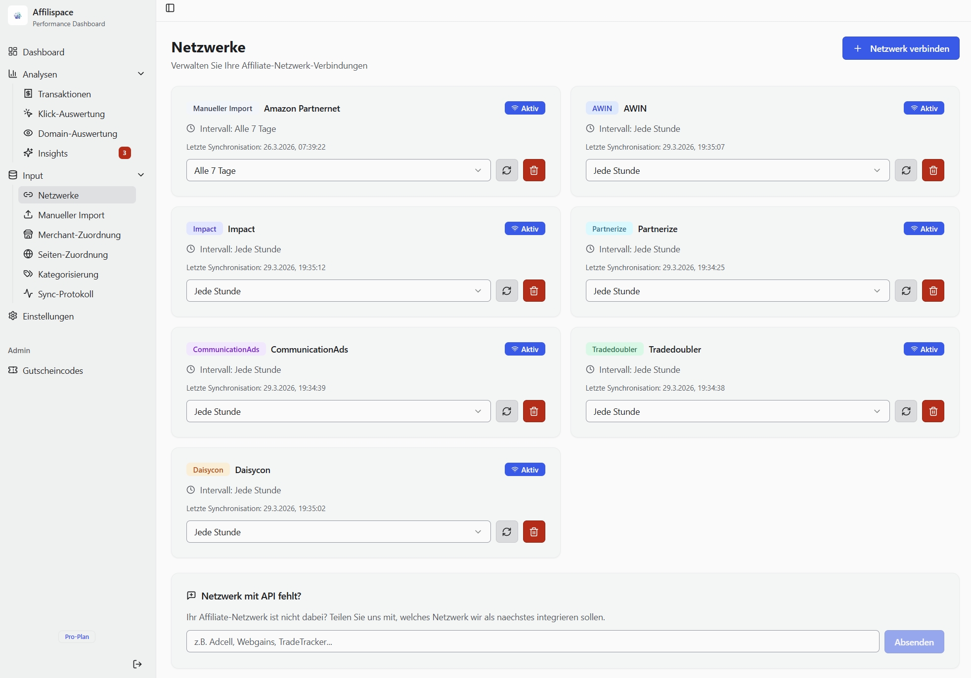 Alle verbundenen Affiliate-Netzwerke mit Sync-Status und Intervallen