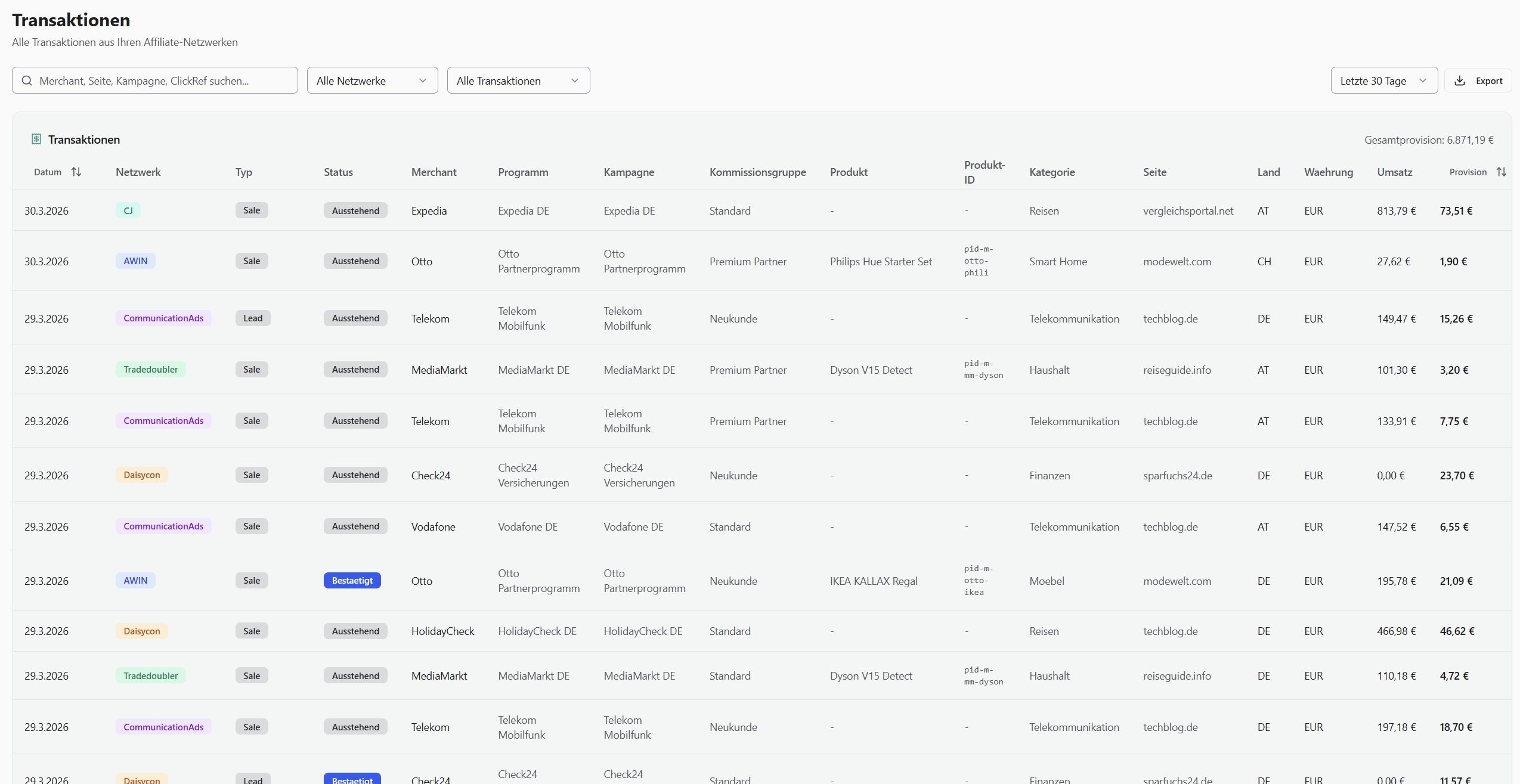 Transaktionsliste mit Merchant-Details und Provisionsbeträgen